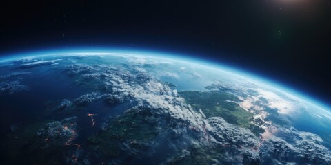 Obraz premium A beautiful blue and white planet with a bright sun in the background. The planet is surrounded by clouds, giving it a serene and peaceful appearance. The sun's rays are shining on the planet