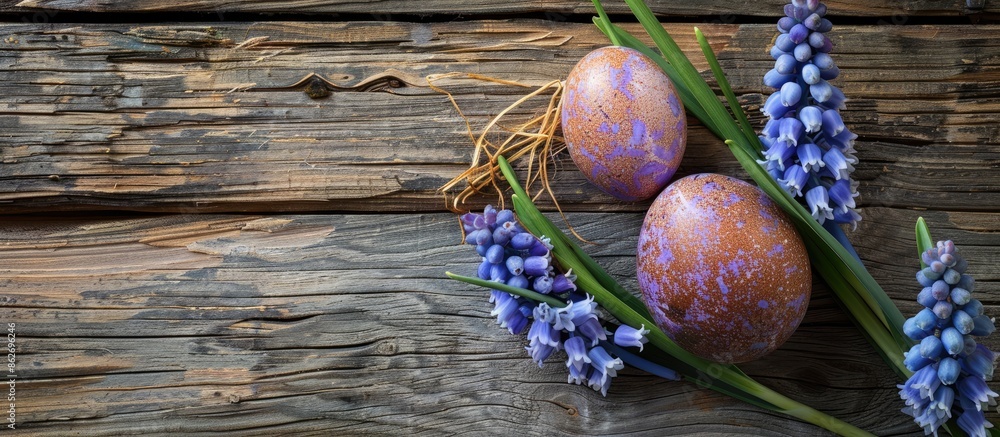 Poster naturally dyed easter egg using onion skins placed with hyacinth flower on wooden background with co