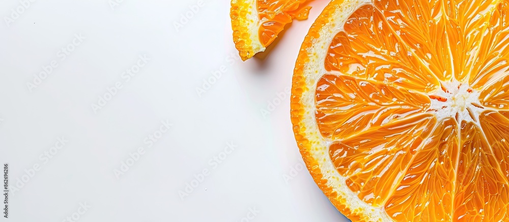 Poster Fresh juicy orange slice on white background with tropical vibes and appetizing copy space image.