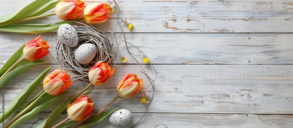 Aufkleber easter-themed greeting card with tulips, eggs in nest, and rustic white wooden backdrop, ideal for e