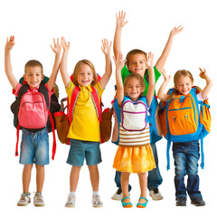 Fototapeta premium A group of happy school children with backpacks standing and holding their hands up