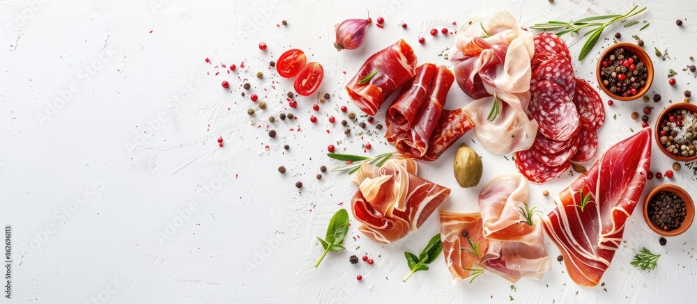 Poster A variety of cured meats including Prosciutto Crudo and Jamon with spices presented as an antipasto appetizer on a white isolated background with copy space image.