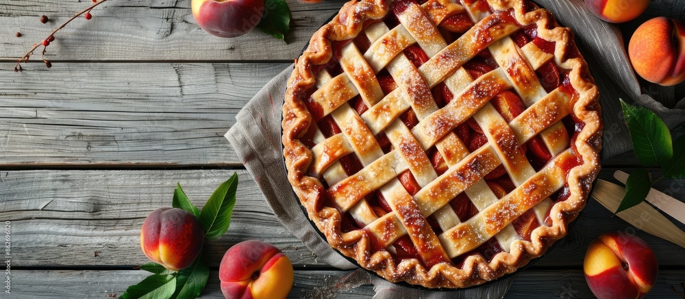 Poster a pie with nectarines displayed on a gray wooden table with soft focus enhancing the aesthetic appea