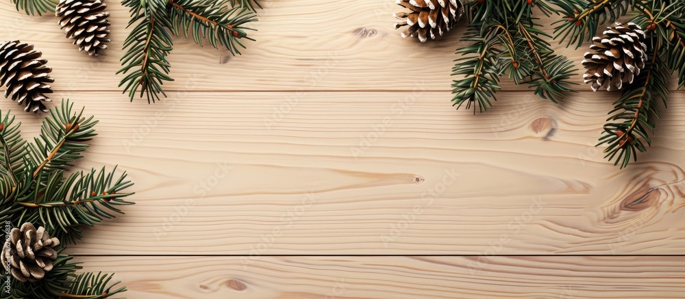 Leinwandbilder light wooden background with fir branches and cones, offering space for your design in this copy spa