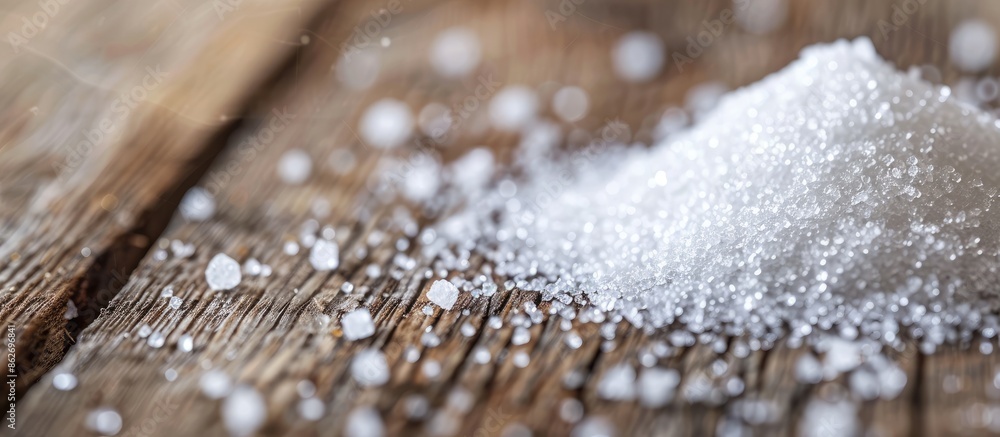 Poster a close-up view of white sugar on a wooden table with selective focus and a designated area for addi