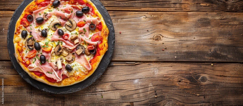 Poster top view of a slate platter showcasing a half pizza topped with ham, mozzarella, mushrooms, and oliv