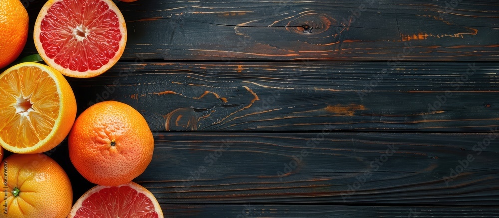 Poster panoramic top-view of fresh grapefruits and oranges on a dark wooden surface, showing wide copy spac