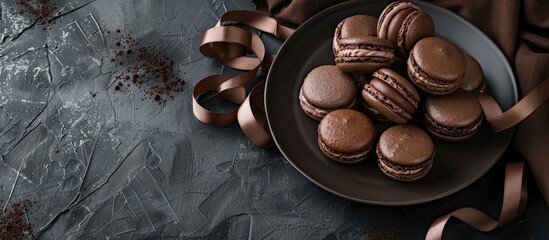 Dark chocolate macarons displayed elegantly on a black plate with a ribbon and a brown napkin, set on a dark table background with copy space image.