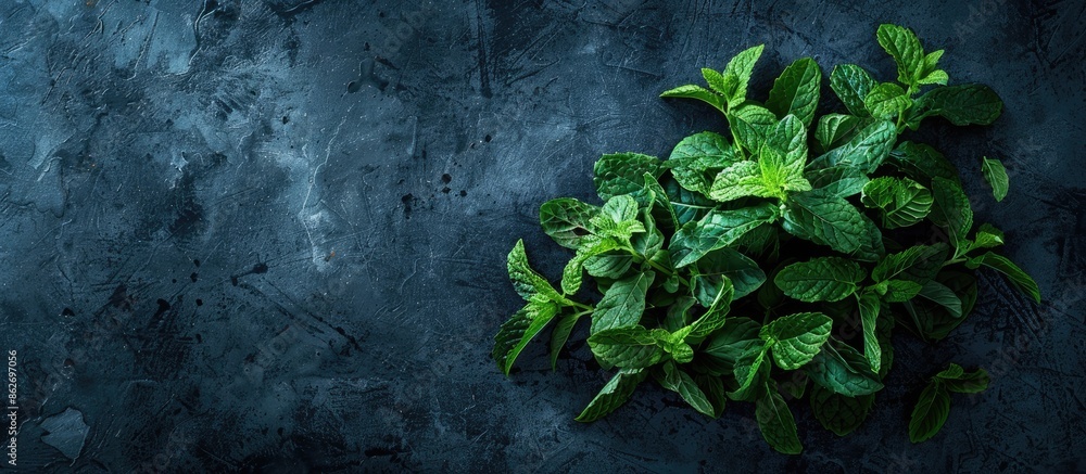 Aufkleber dark background showcasing a fresh mint sprig with available copy space image.