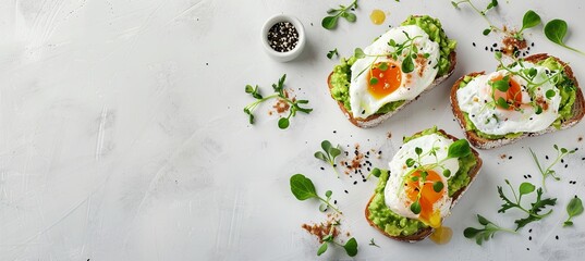 Avocado Toast with Poached Eggs on Light Background: A mouthwatering brunch setup