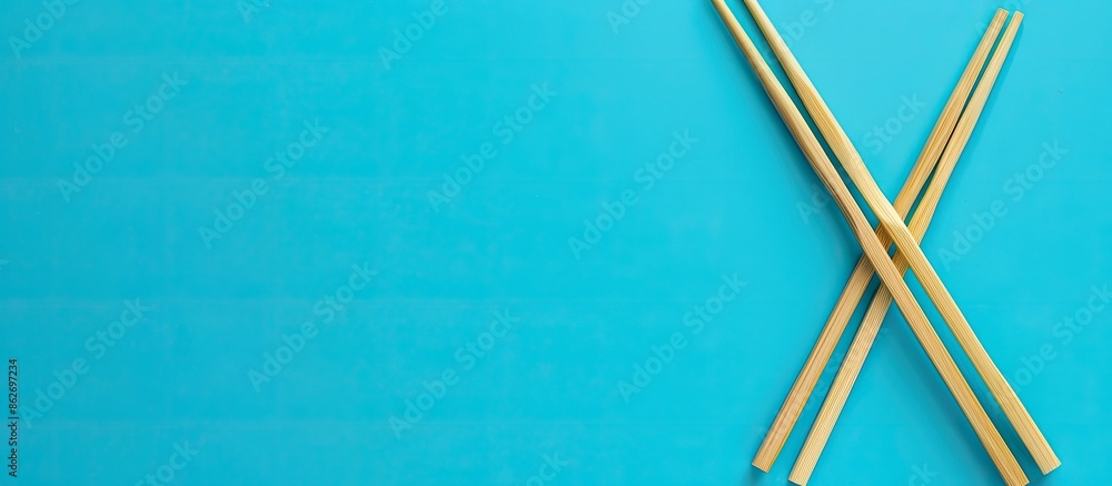 Aufkleber green wooden chopsticks on a blue background in a top-down view with copy space image.