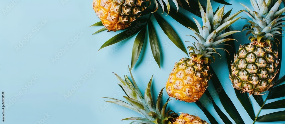 Leinwandbilder ripe pineapple with green leaves on a light blue backdrop in a flat lay composition with room for te