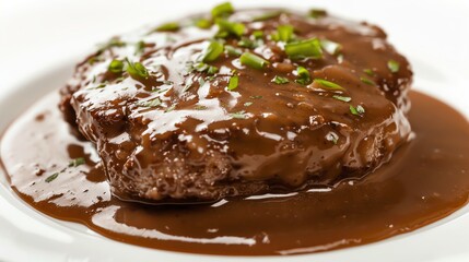 Salisbury steak with gravy, classic and comforting, perfectly centered and isolated, available  for diner menus or comfort food advertising