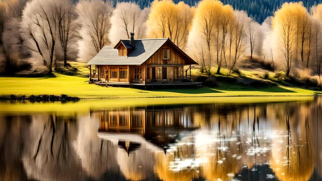 A beautiful view of a wooden house by the lake amongst the trees and birds Seamless looping 4k time-lapse animation video background