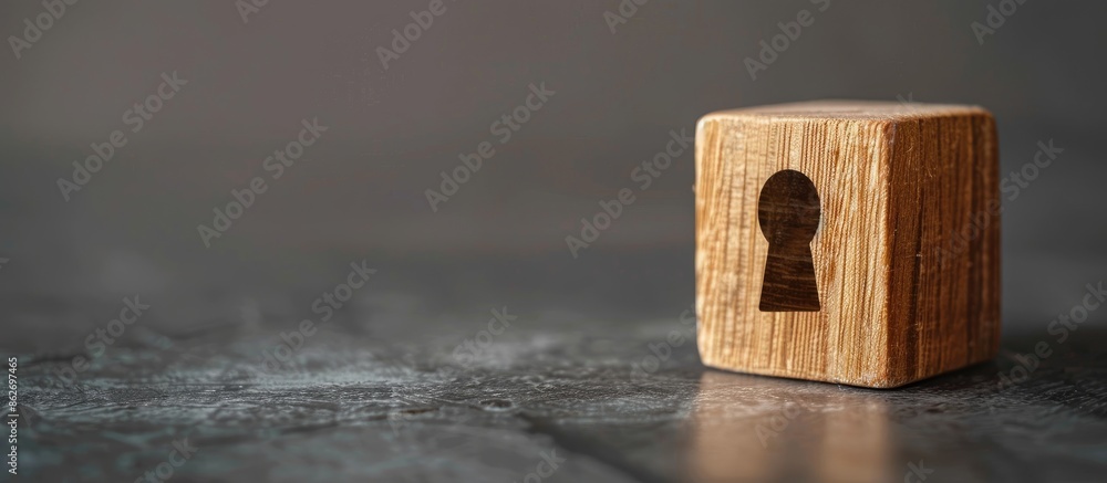 Poster privacy policy symbol displayed on a wooden block on a beautiful grey table background, representing