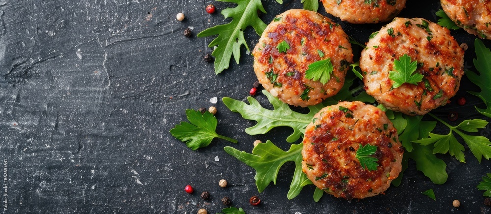 Poster Vegetarian cutlets displayed on a grey surface, flat lay composition with room for text in the image. Copy space image. Place for adding text and design