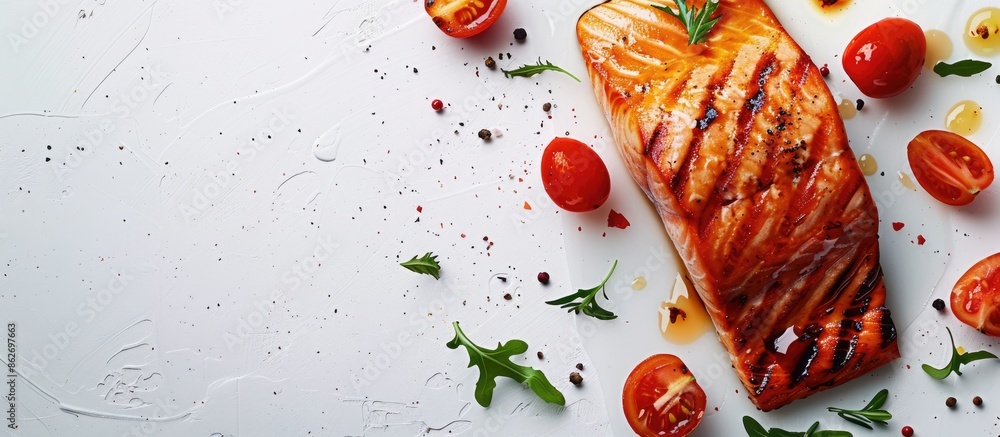 Poster banner design featuring a mouthwatering grilled salmon on a white background with copy space image.