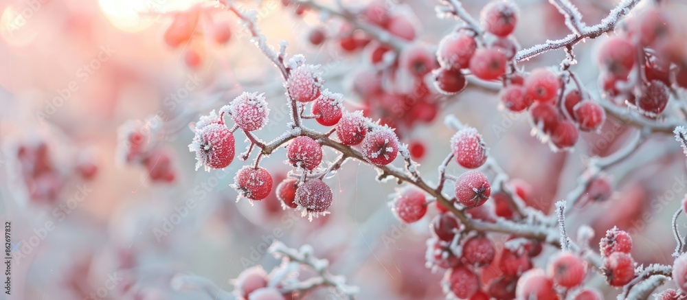 Poster frozen red berries covered in hoarfrost on a chilly winter day, creating a picturesque scene with a 