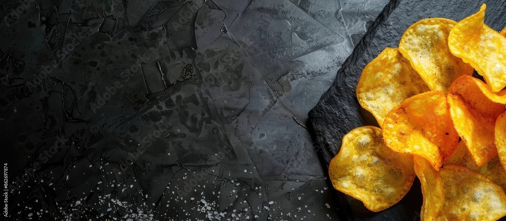 Poster tasty salty potato chips, ideal with beer, displayed on a black stone surface from above. background