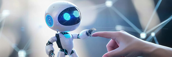 mascot robot with blue eyes holding a human finger, with triangle network dots and lines data flow on background, future technology, handshake, 3d robot