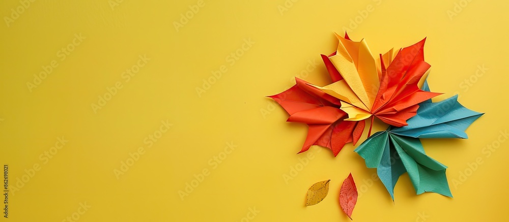 Poster create a handmade maple leaf using colored paper for greeting card decoration. perfect for hello aut