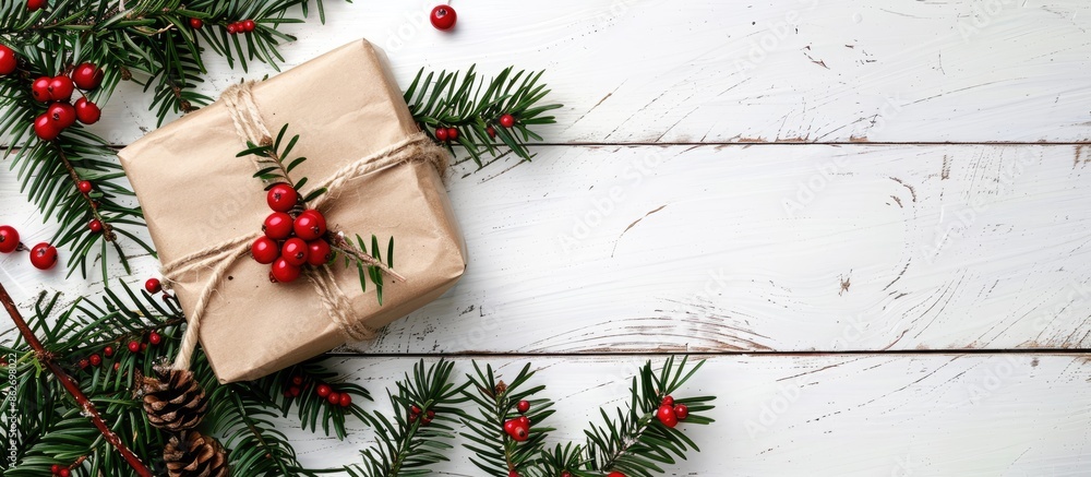 Aufkleber Flat lay of a festive gift decorated with green Christmas tree branches and red berries on a white wooden background, with space for text or images. Copy space image. Place for adding text and design