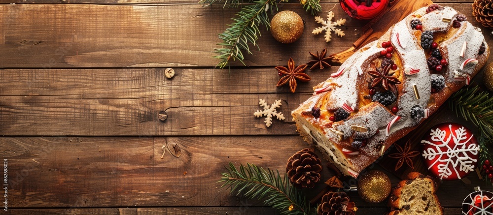 Poster a christmas stollen with decorations displayed on a wooden table in a flat lay composition, allowing