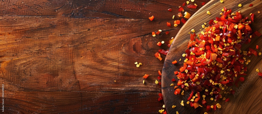 Poster view from above showing a scattering of chopped pepper on a wooden board with a close-up perspective