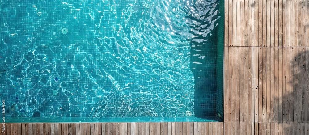 Poster wooden poolside adjacent to a crystal-clear outdoor pool, offering a blank canvas for designs in the
