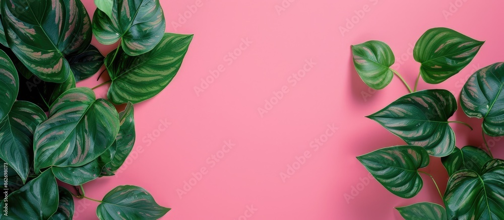 Poster Top view of green leaves on a pink paper background with available space for your text or design, creating a minimalistic summer concept image. Copy space image. Place for adding text and design