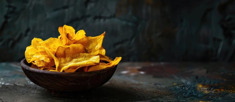 South Indian snacks like jackfruit chips or Chakka Varuthathu, a Kerala tea time favorite, displayed on a dark background offering copy space for the image.