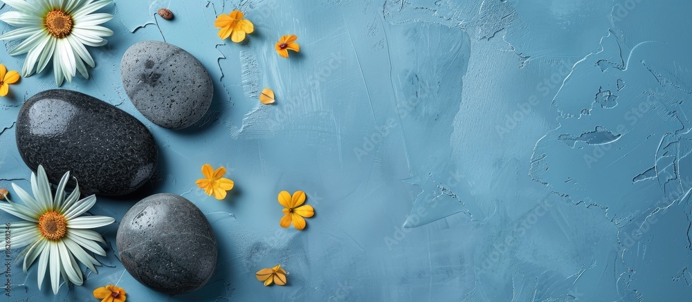 Poster spa stones with flowers arranged on blue background providing copy space image.
