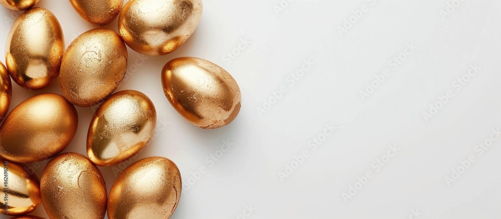 Poster minimalistic easter concept presented with golden eggs against a white backdrop, suitable for copy s