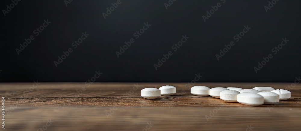 Sticker White medical tablets displayed on a wooden table with a black background, suitable for copy space image.