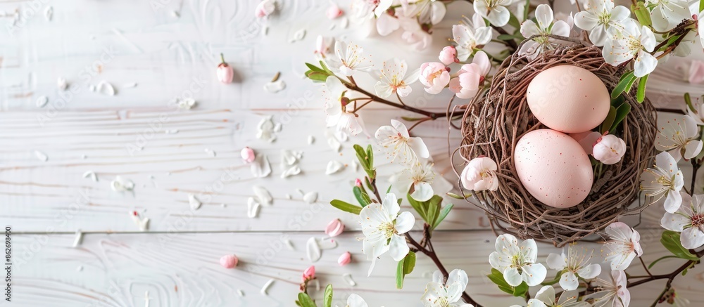 Poster easter egg displayed in a rustic nest surrounded by spring blossoms on a white wooden backdrop with 