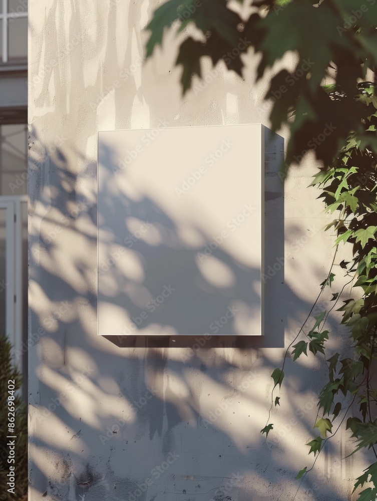 Poster a white box with no writing on it is sitting on a wall. the box is surrounded by vines and leaves, a
