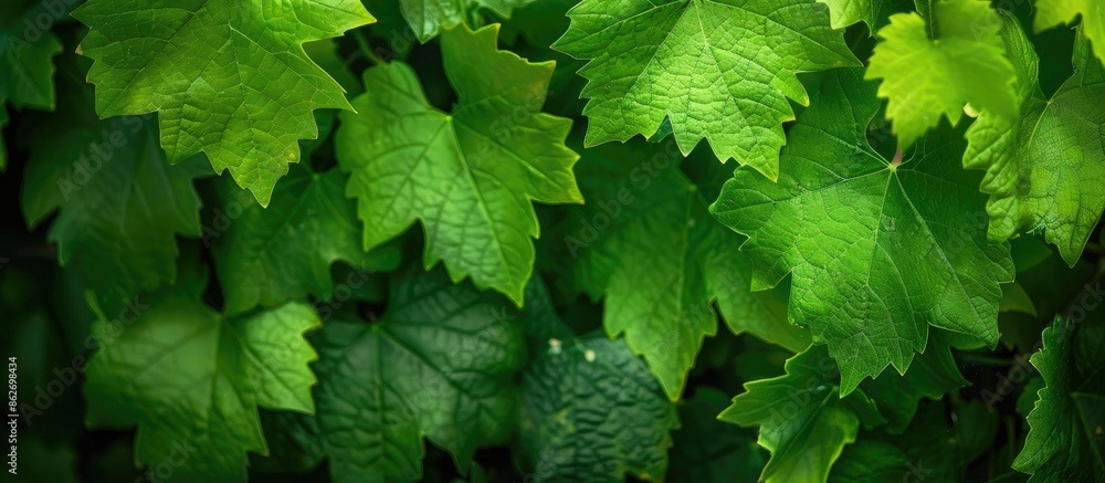 Poster vibrant fresh grape vine leaves in a bright green color with copy space image.