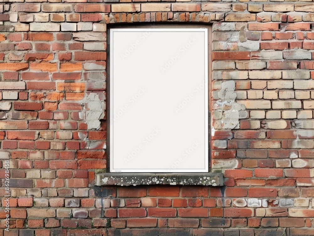 Poster a brick wall with a window in it. the window is empty and the wall is covered in bricks
