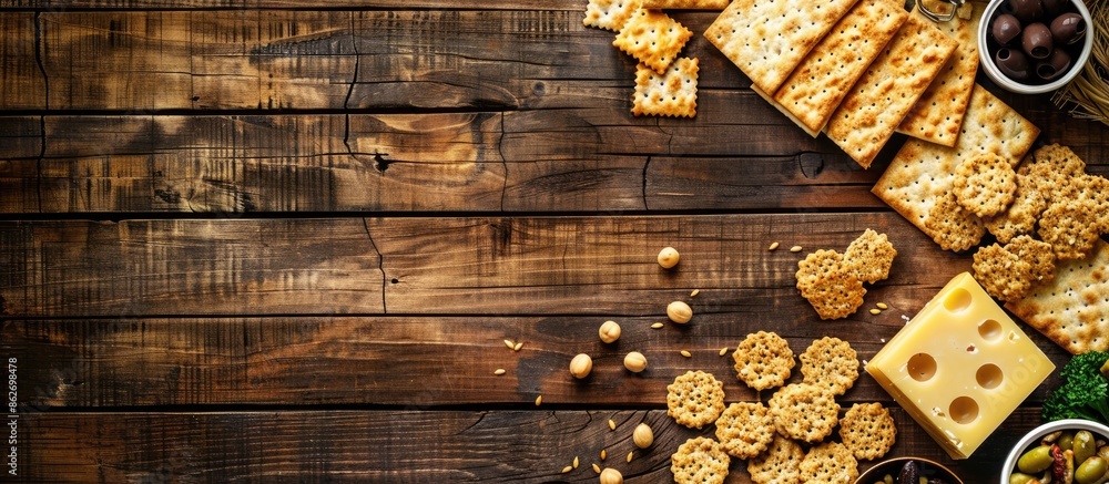 Poster a wooden background with a variety of delicious crackers, cheese, and snacks displayed, providing an