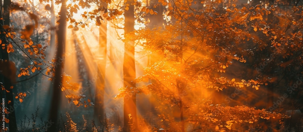 Aufkleber Afternoon sunbeams shining through trees, creating autumn vibes in a captivating copy space image.