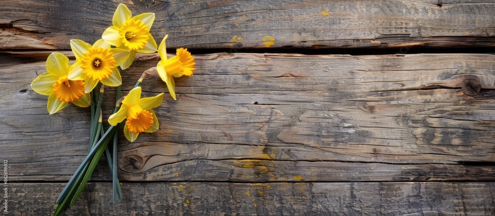 Poster Daffodil flowers placed on an aged wooden table with empty space for a photo. Copy space image. Place for adding text and design