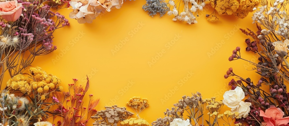 Leinwandbilder Dried flowers arranged in a frame on a yellow background for a flat lay top view with room for additional content in the image.