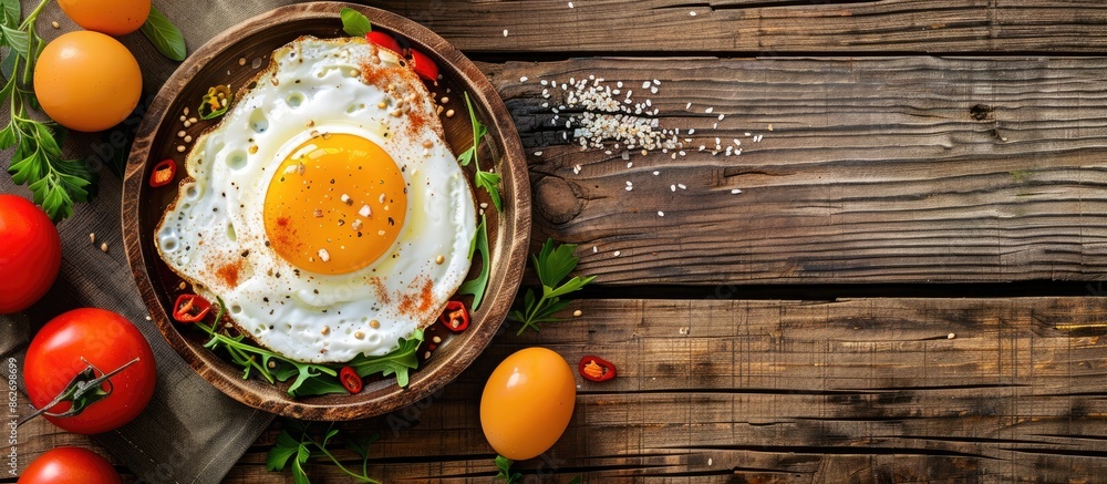 Aufkleber delicious fried eggs with veggies on a wooden table, top view with copy space image.