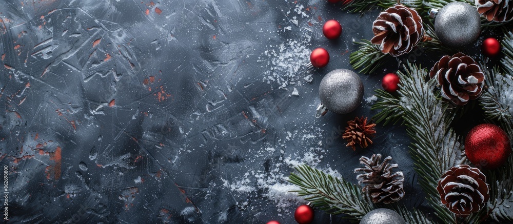 Poster top view of a festive winter-themed background with fir twigs, ornaments, and snow-covered cones on 