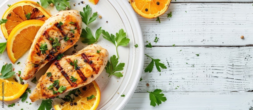 Poster healthy chicken breasts topped with parsley and citrus on a white wooden backdrop in a top view copy