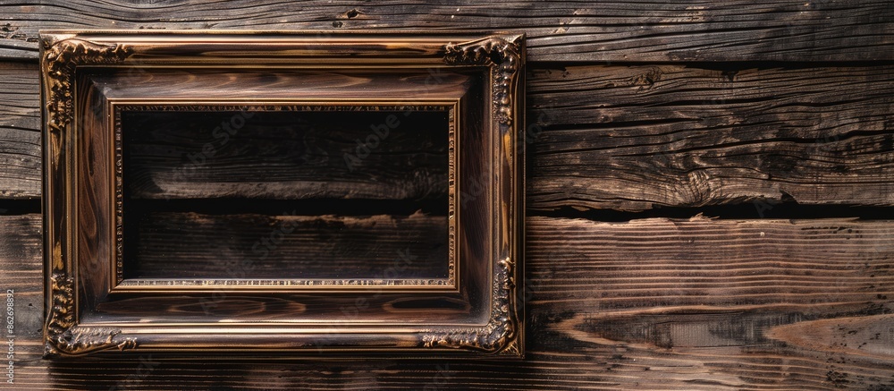 Poster Wooden antique frame displayed on a wooden background with copy space image available.