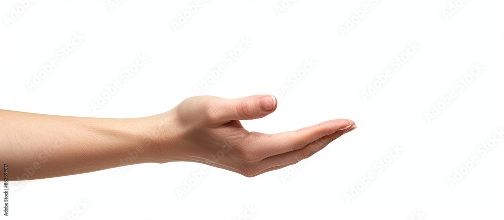 Poster a close-up image of a female hand on a white background with copy space image.