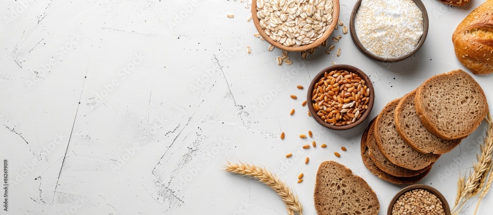 Poster Whole grain foods for a healthy lifestyle displayed on a white background with space for text or images. Copy space image. Place for adding text and design