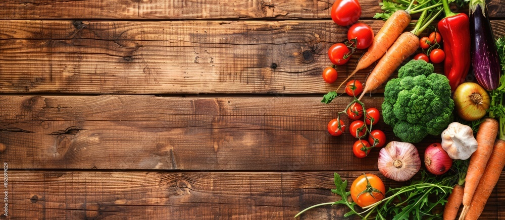 Poster fresh organic vegetables displayed on a wooden table with copy space image in the center, illustrati