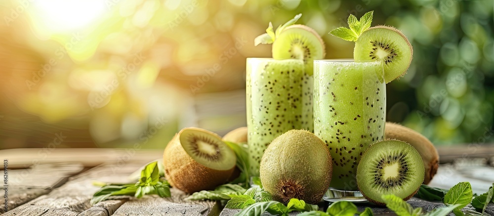 Aufkleber kiwi smoothie with fresh ingredients displayed on a wooden surface, leaving room for text in the ima